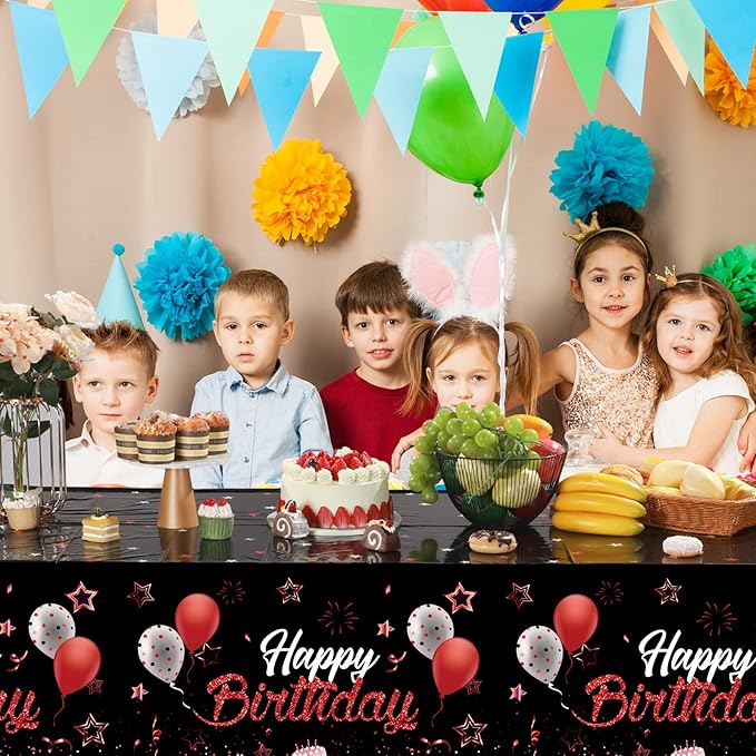 Breling Birthday Party Supplies Confetti Sprinkles Happy Birthday Tablecloths Starry Table Covers for Party Decorations, 54 x 108 Inches(Red and Silver,6 Pack)