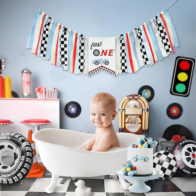 Fast One Highchair Banner 1st Birthday Boy Race Car First Birthday Party Decorations Fast One Race Car Photo Prop Cake Smash