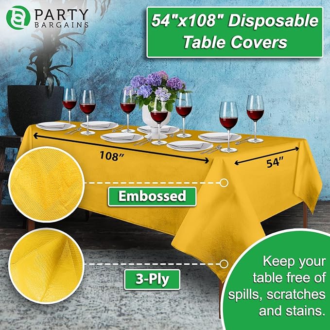 PARTY BARGAINS Disposable Table Covers, 54 x 108 Inch, Yellow, 3-Ply Paper & Plastic Spill-Resistant Party Tablecloths, 10 Pack