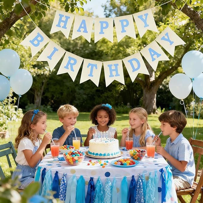 Anwyll Happy Birthday Banner - NO DIY Burlap Happy Birthday Banner Sign Happy Birthdays Party Decoration Happy Birthdays Banners Bunting for Men Boy Prince Celebration Party Backdrops (Blue)