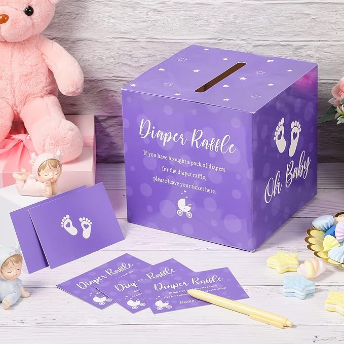 Funrous 51 Diaper Raffle Tickets with Box for Baby Shower Game Invitations Diaper Raffle Card for Gender Reveal Baby Shower Party Decoration Table Centerpiece(Purple Color)