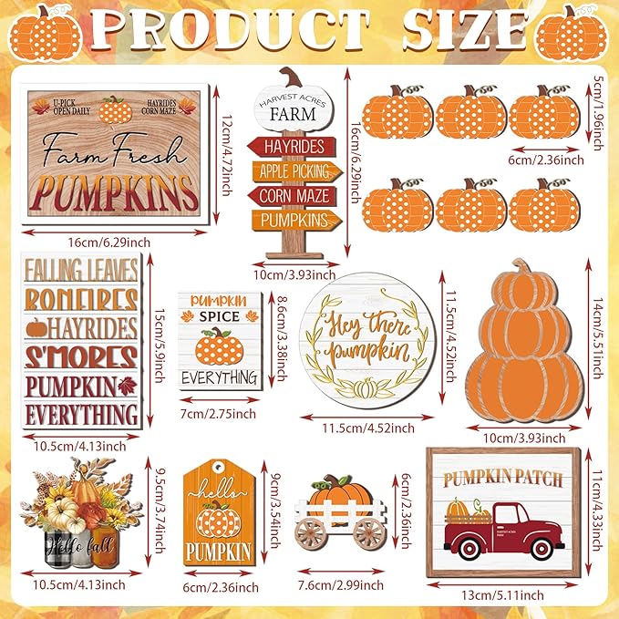 14 Pcs Thanksgiving Tiered Tray Decor Fall Thanksgiving Pumpkin Wooden Decorations Set Rustic Farmhouse Truck Spice Blocks Autumn Wooden Sign for Winter Halloween