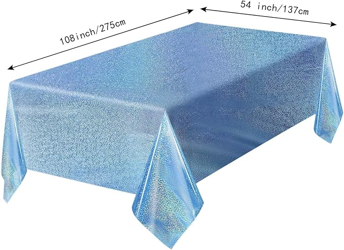 1 Pack Light Blue Iridescent Plastic Tablecloth Disposable 54 × 108 Inch Glitter Holographic Foil Table Cloth Plastic Laser Rectangle Table Cover for Birthday Wedding Disco Party