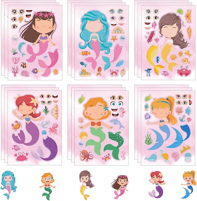 24 Sheets Mermaid Make a Face Sticker Sheets for Kids Todders Activities, Make Your Own Stickers for Kids Birthday Party Favor Supplies Craft