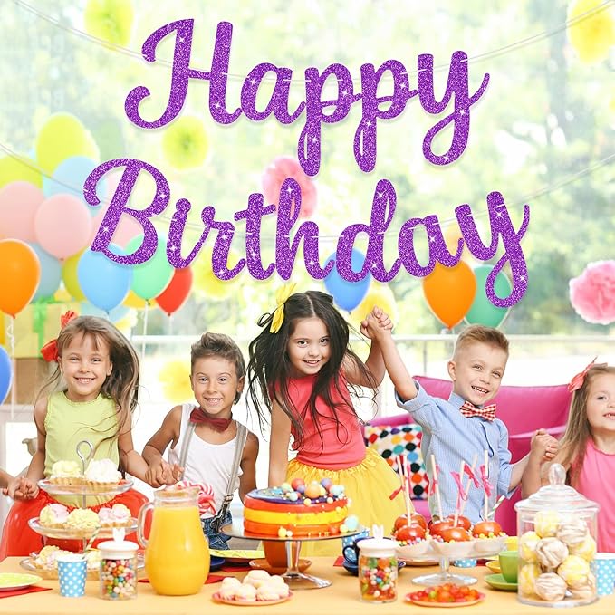 Glitter Happy Birthday Banner Sig Birthday Garland Wall Door Banners Flag for Women Men Boys Girls Party Backdrop Decorations Purple