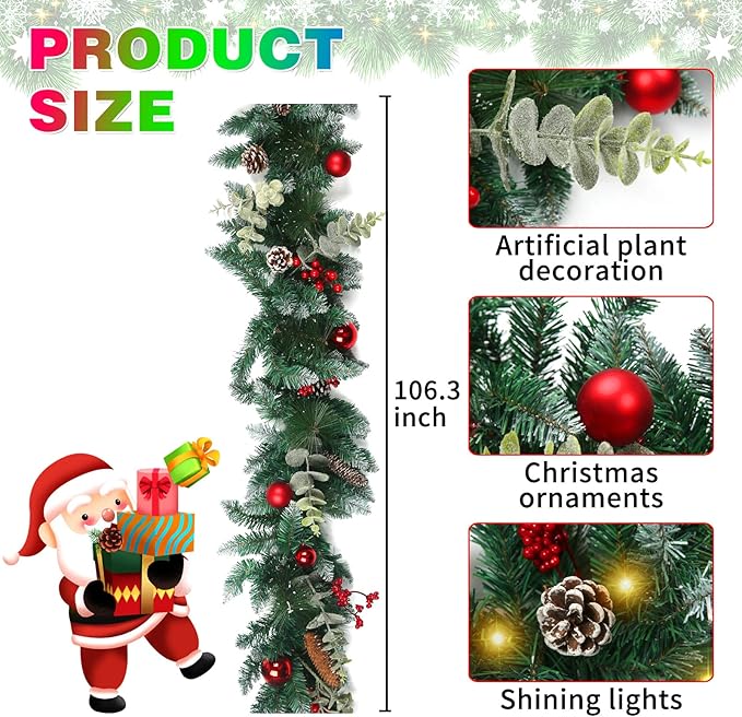 Garland Christmas Decorations, 9ft Christmas Garland with Pine for Mantle Table Stair Cedar Garland Christmas Decorations Indoor Outdoor Xmas Party Home Decor