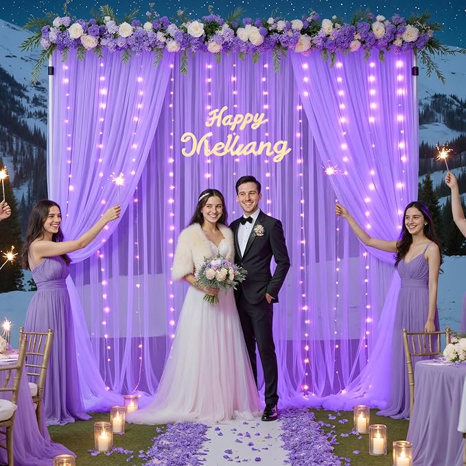 Purple Sheer Backdrop Curtains with Lights String for Baby Shower Girls 2 Panels 5×8ft Tulle Backdrop Curtain for Wedding Bridal Shower Elephant Birthday Party Photo Shoot Background Decorations