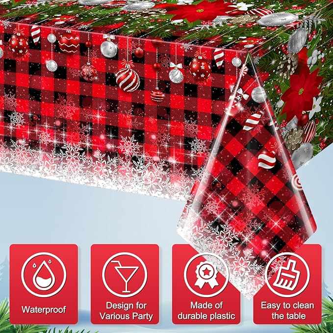 6Pcs Christmas Buffalo Plaid Snowflake Tablecloths,Plastic Red and Black Checkered Rectangle Christmas Tree Color Ball Table Cover for Winter Xmas New Year Holiday Party Decorations,54x108 inch