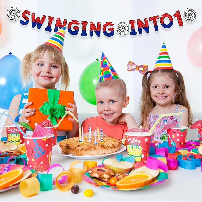 TaoBary Spider Theme 1st Birthday Banner, Pre-strung Swinging into 1 Banner, Spider 1st Birthday Decorations Party Supplies for Kids, First Decor for 1 Year Old Boys Girls(Red and Blue)