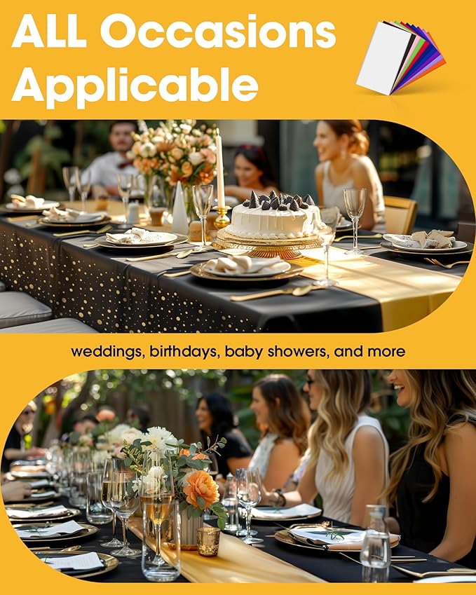 Graduation Decorations Table Cloth for Rectangle Table and Table Runner Set - 3+3 Pack, Black and Gold Plastic Tablecloth Disposable for Birthday, Wedding, Baby Shower, New Year