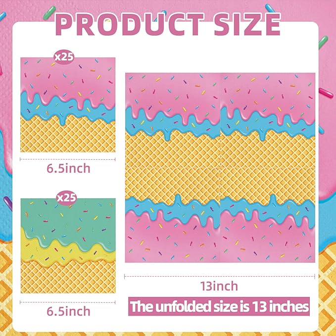 50 Count Ice Cream Cone Paper Napkins – 25 Pink and 25 Green, Disposable Dessert Napkins with Sprinkle Design for Kids Birthday, Summer Party, Sweet Shop, and Ice Cream Theme Decorations