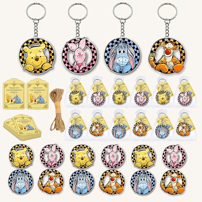 Winnie Baby Shower Favors Keychain,72pcs Winnie Baby Shower Birthday Party Supplies for Guest, 24 Acrylic Keychains, 24 Tags, 24 Gift Bags for Winnie Themed Party