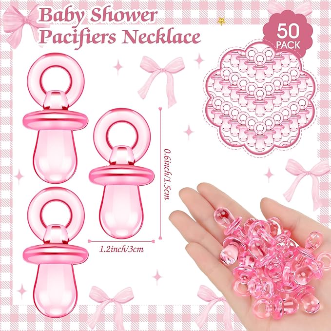 Thyle 51 Pcs Pink Bow Pacifier Hunt Baby Shower Games Include Hunt Sign and 50 Acrylic Pacifiers Coquette Bow Themed Baby Shower Game Decoration Gift Sets for Girls Gender Reveal Party Decor