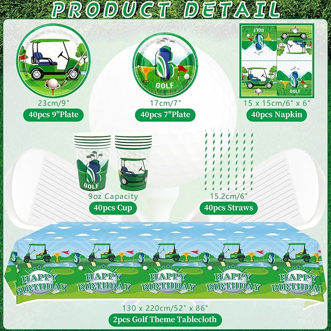 KEFAN Golf Birthday Party Decorations, Golf Theme Party Tableware Supplies including Plates, Cups, Napkins, Tablecloth, Serves 20 (40)