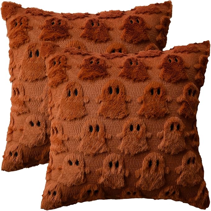 AVOIN colorlife Halloween Ghost Caramel Throw Pillow Cover Set of 2, 18 x 18 Inch Soft Plush Faux Fur Jacquard Spooky Cushion Case Decoration for Sofa Couch