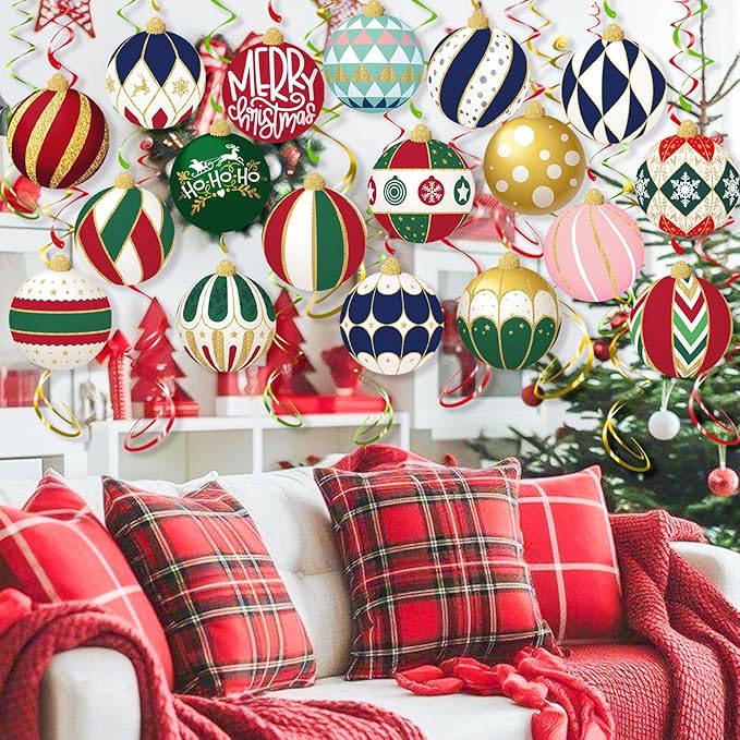 Christmas Ball Hanging Swirl, 48Pcs Merry Christmas Ball Foil Swirls Ceiling Streamers Hanging Decorations for Xmas Indoor Outdoor Party Supplies﻿
