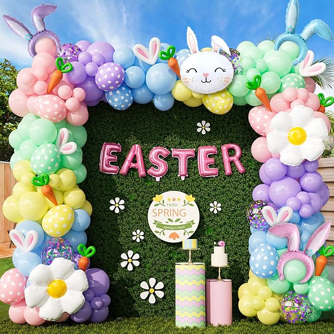 Bonropin 162pcs Easter Balloon Arch Kit - Pastel Balloon Garland with Bunny, Ears, Daisy Foil, Printed Balloons for Baby Shower Party, Spring Birthday, Easter Decorations