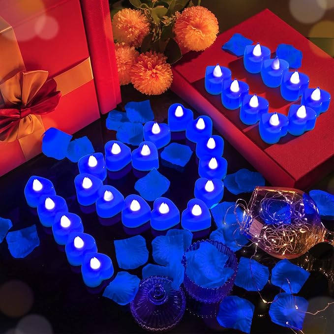 VIHOSE 4000 Pcs Artificial Rose Petals with 24 Pcs LED Tea Lights Candles Flameless LED Candles Fake Rose Petals for Wedding Birthday Party(Blue Light, Blue Petal)