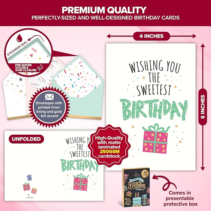 Decorably 24 Pack Foil and Glittery 6x4in Assorted Birthday Cards with Envelopes and Stickers, 24 Unique Festive Designs for Friends, Family, Loved Ones, with Printed Message Inside - Gifting, Mailing