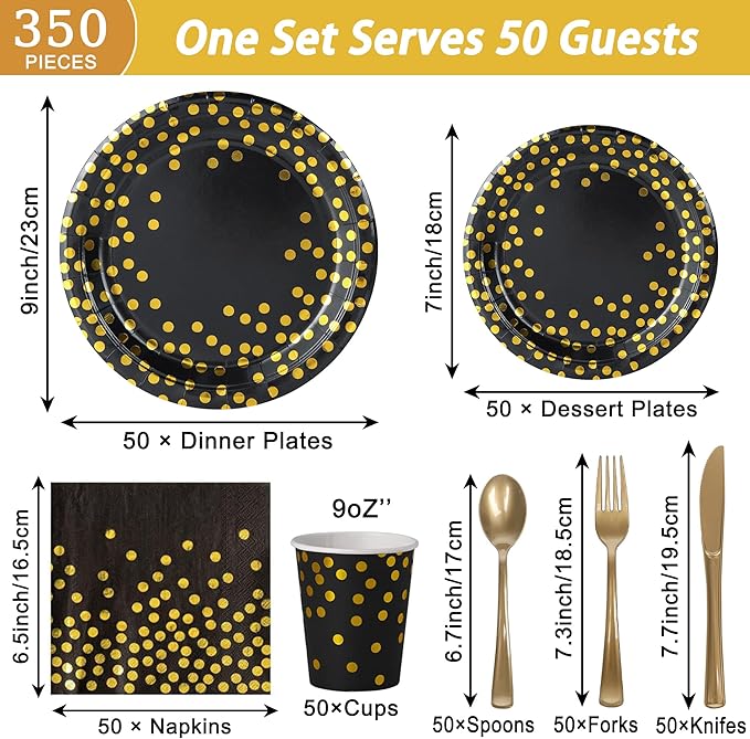 350 Pcs Black and Gold Party Plates Cups and Napkins Sets Black Gold Foil Dot Disposable Dinner Tableware Set With 7" 9" Plates Napkins Cups Knife Fork Spoon Party Supplies Serve 50 Guests