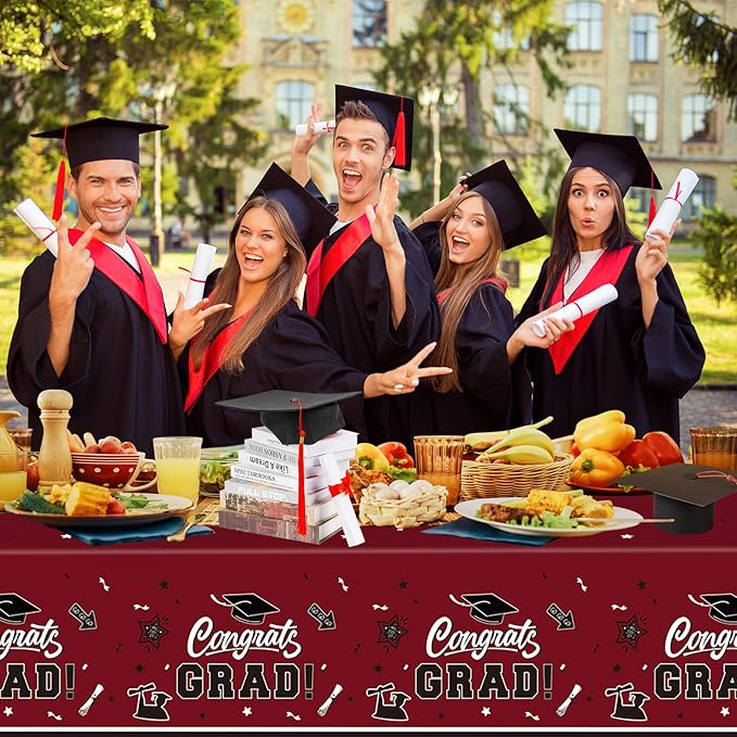 2 Pack Graduation Tablecloth - Congrats Grad Table Cloths, Plastic Disposable Rectangle Maroon Class of 2026 Table Cover for Graduation Tables Decorations Party Decor Supplies Favors,108 x 54 Inch