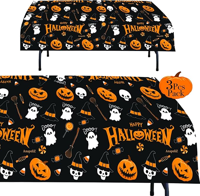 AnapoliZ Halloween Plastic Tablecloth | 3 Pcs Pack (54' x 102') | Rectangular Table Cover | Pumpkin, Witches Decoration | Party Tablecover