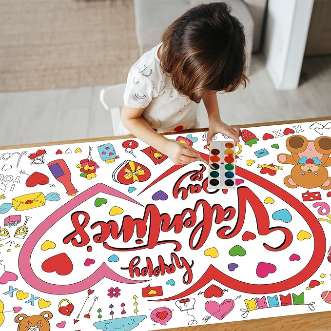 Valentines Day Large Coloring Tablecloth, Valentine's Day Giant Coloring Poster for Classroom Activity and Home Party Favors, 30x72 Inch