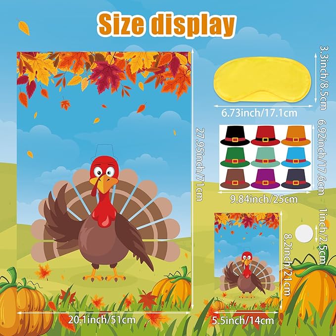 Hooqict Thanksgiving Games for Kids Party Pin The Hat on The Turkey Games Thanksgiving Activities Fall Autumn Party Decorations, Large Pin The Tail Game Poster with 36 Hat Stickers