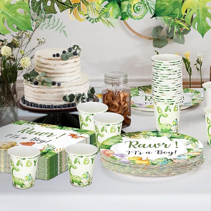200 Pcs Dinosaur Baby Shower Paper Plates Napkins Cups Baby Shower Party Supplies Tableware Set Dinosaur Disposable Cup Napkin for 50 Guest Girls Spring Party Decoration