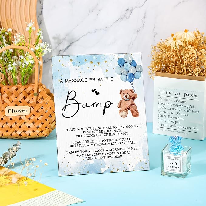 Roowest Cool Baby Shower Tabletop Decoration a Message from the Bump Wooden Baby Shower Games Sign Greenery Cute Gender Reveal Party Thank You Sign, 11.2 x 8.66 Inches(Bear)