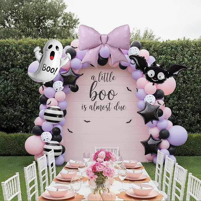 Halloween Little Boo Balloon Arch Kit Pink Purple Balloons with Cute Ghost Balloons Little Boo star bow balloons for Baby Shower Birthday Party Halloween Party Decoration