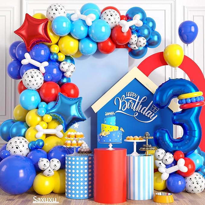 3rd Birthday Decorations Boy, Dog Paw Three Years Old Party Arch with Red Blue Yellow Long Latex Balloons 40 inch Number 3 Balloon and Star Foil for Paw Birthday Party Supplies