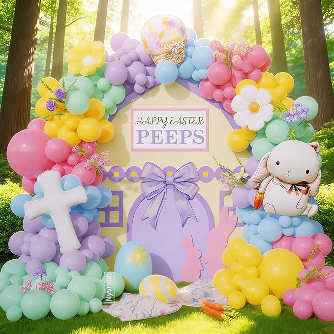 Easter Decorations Indoor Outdoor, 160Pcs Rainbow Pastel Eatser Balloons Arch Garland Kit with Cross Bunny Daisy Foil Balloons for Rabbit Theme Spring Decoration