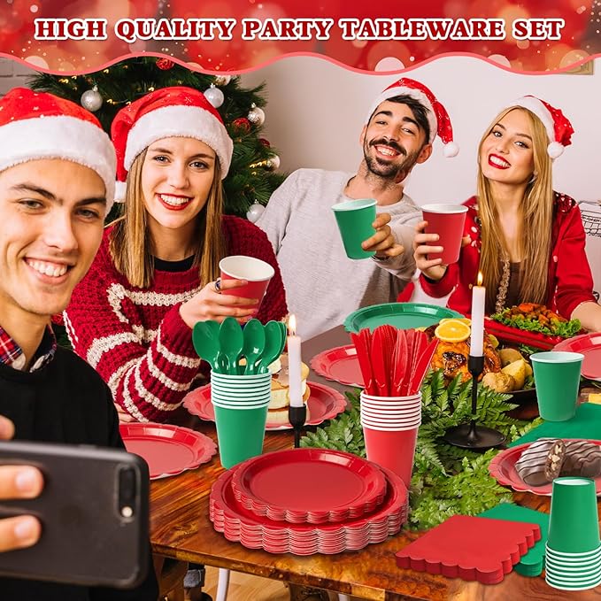 Vyntra 350 Pcs Red and Green Disposable Paper Plates and Napkins Set for 50, 9" Dinner Plates & 7" Dessert Plates, Tableware for Christmas Party, Holiday Dinner
