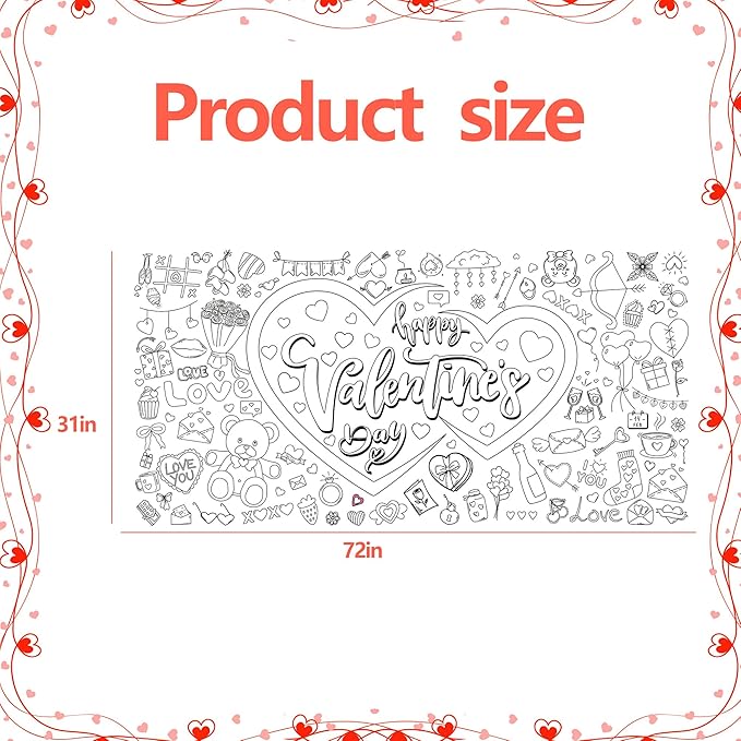 Valentines Day Large Coloring Tablecloth, Valentine's Day Giant Coloring Poster for Classroom Activity and Home Party Favors, 30x72 Inch