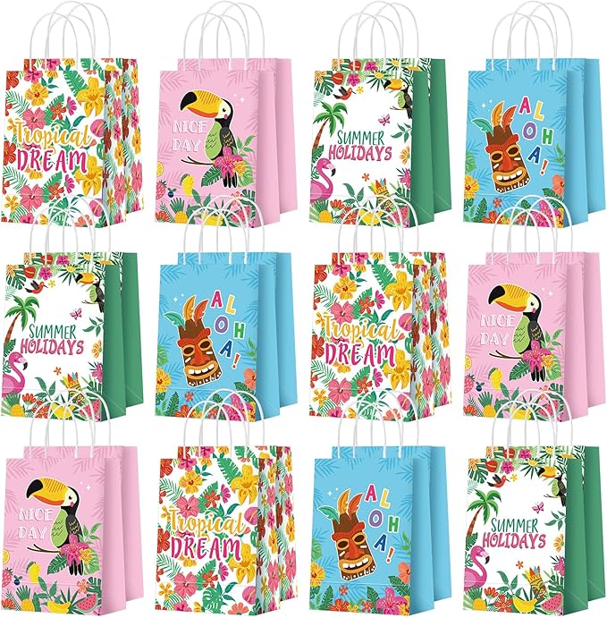 Outus 24 Pcs Summer Hawaiian Party Favor Bags Tropical Goodie Gift Paper Bags with Handles Aloha Tiki Luau Palm Leaves Flamingo Treat Candy Pouch for Summer Party Birthday Decor Baby Shower Supplies