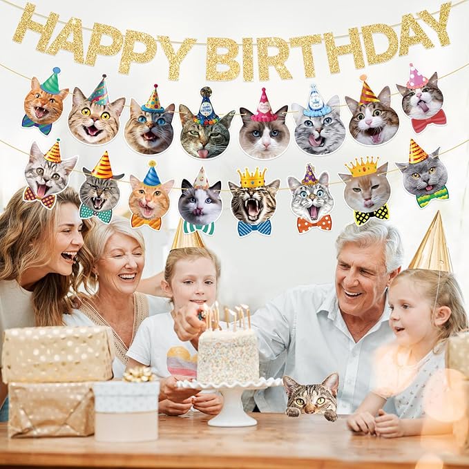 Cat Happy Birthday Banner - Cat Birthday Decorations Party Decor Supplies for Kids, Boys, Girls