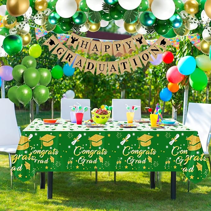Graduation Tablecloth Party Decorations 2026, 3 Pack Green Large Size 54"x108" Congrats Grad Disposable Rectangle Table Covers Plastic Table Cloth for College High School Class of 2026 Party Supplies