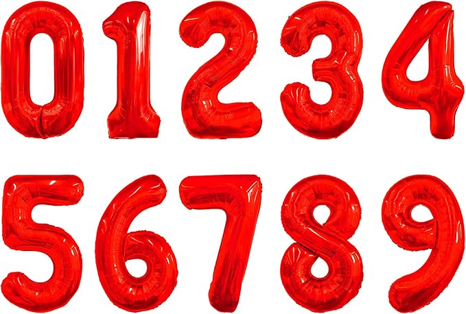 Number Balloons 16 Inch Mylar Foil Number 0-9 Balloons Set for Party Decoration Custom Digital Balloons 10 Pieces Party Supplies (Red)