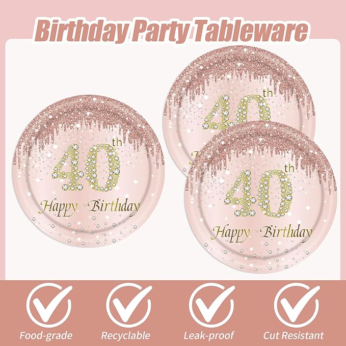 40th Rose Gold Birthday Plates and Napkins, 9 Inch Pink Rose Gold Disposable Dinner Dessert Plates Happy 40th Birthday Party Supplies Decorations for Girls Women