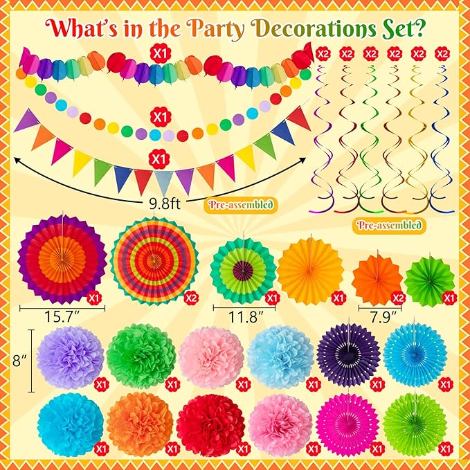 35PCS Fiesta Paper Fan Party Decorations Set - Cinco De Mayo Pom Poms,Pre-assembled Pennant,Garland String,Banner,Hanging Swirls Hispanic Heritage Month Decor Supplies,Multicolored