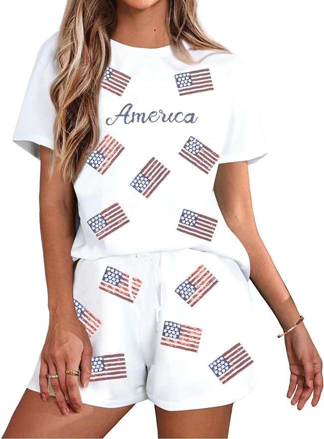 VILOVE 4th of July 2 Piece Sequin Outfits Women 250 Anniversary Usa Shirts and Short Sets Casual Patriotic Shirt Summer Set