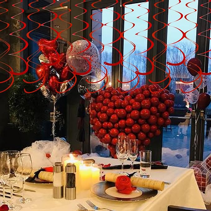 Red Ceiling Swirl Foil Decorations Hanging Plastic Streamer Themed Swirl Party for Valentine’s Day Day Carnival Celebration, Pack of 28