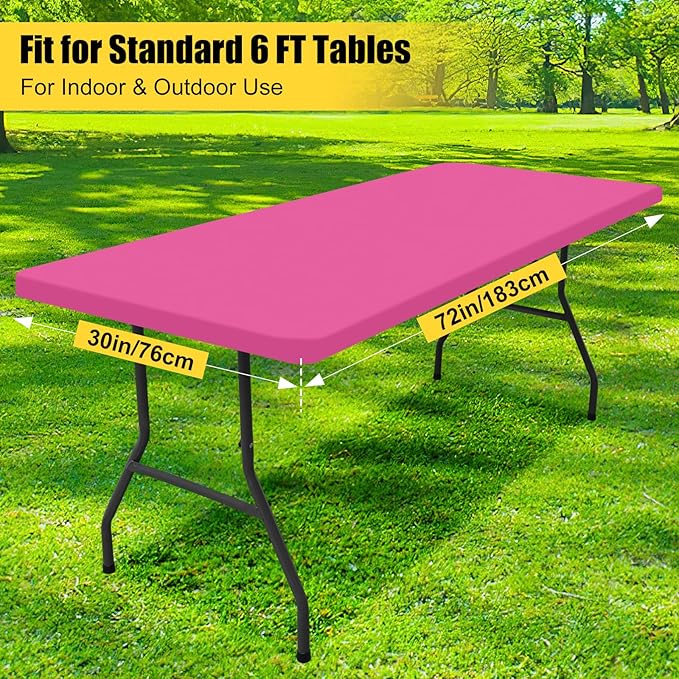 Smiry 2 Pack Rectangle Picnic Table Cloth, Waterproof Elastic Fitted Tablecloths, Washable Polyester Rectangular Patio Table Cover for Camping, Indoor and Outdoor (Rose Pink, 30"x72")