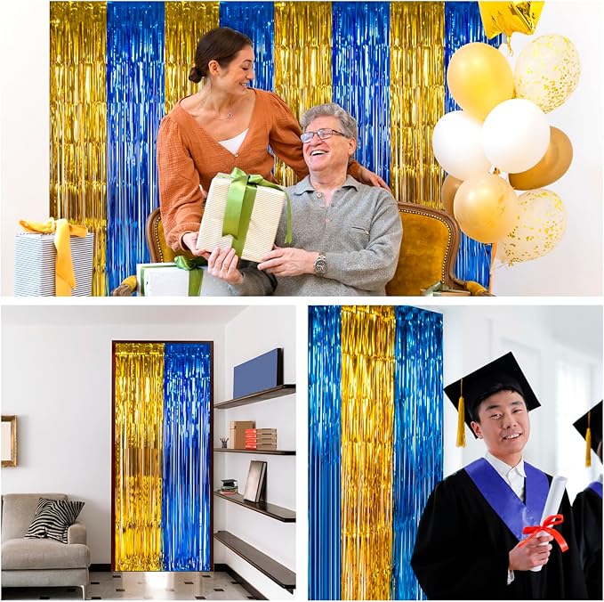 LOLStar Graduation Party Decoration, 2 Pack Blue and Gold 3.3x6.6 ft Foil Fringe Curtains, Tinsel Backdrop, Graduation Photo Booth Prop Streamer Backdrop for Class of 2026, Prom and Grad Party Decor
