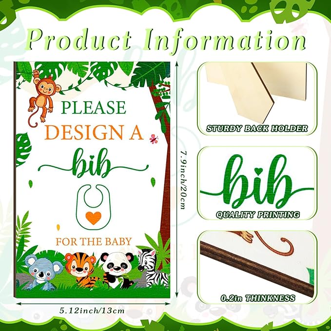 50 Pcs Baby Shower Game White Bib Kit Include 1 Wooden Baby Shower Game Sign 25 DIY Blank White Bibs 24 Colorful Markers(Animal)