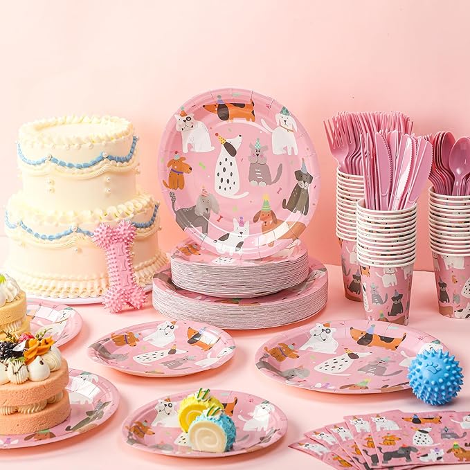 Jinei 350 Pcs Dog Birthday Party Supplies Pink Dog Tableware Set Serves 50 Guests Puppy Birthday Decorations Includes Pink Puppy Plates Cups Napkins Forks Knives Spoons for Party Supplies