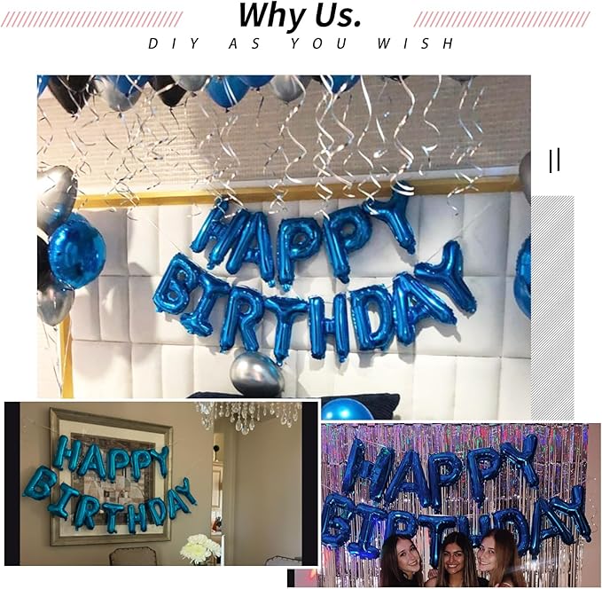 [26 Pcs] 16" Letter Blue Foil Balloons A-Z set, Mylar Aluminum Hanging Alphabet for Graduation Birthday Party Decorations New Year eve