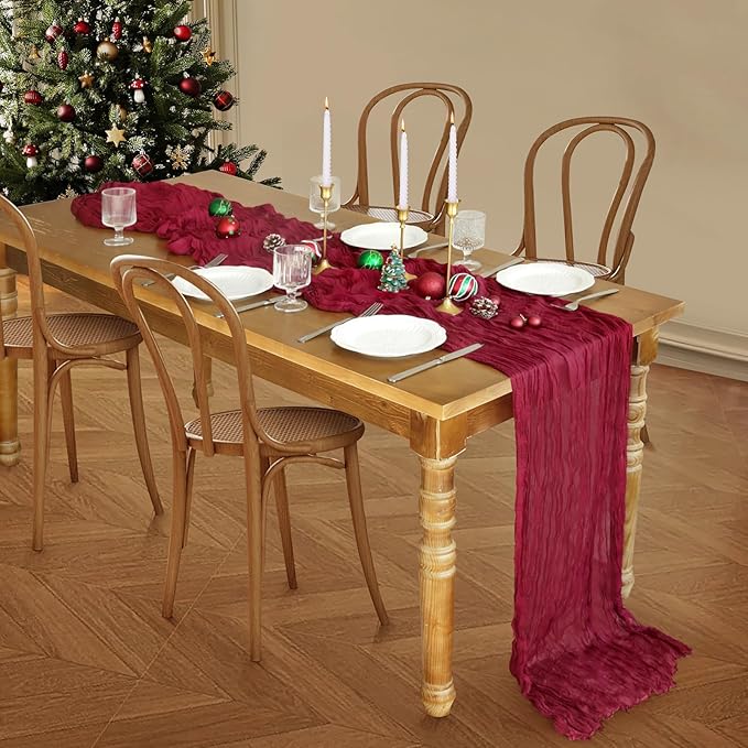 Christmas Table Runner, 10FT Burgundy Table Runner 35*120inch Boho Dark Red Table Runners for Burgundy Christmas Decorations Party Supplies Christmas Table Centerpiece Decorations