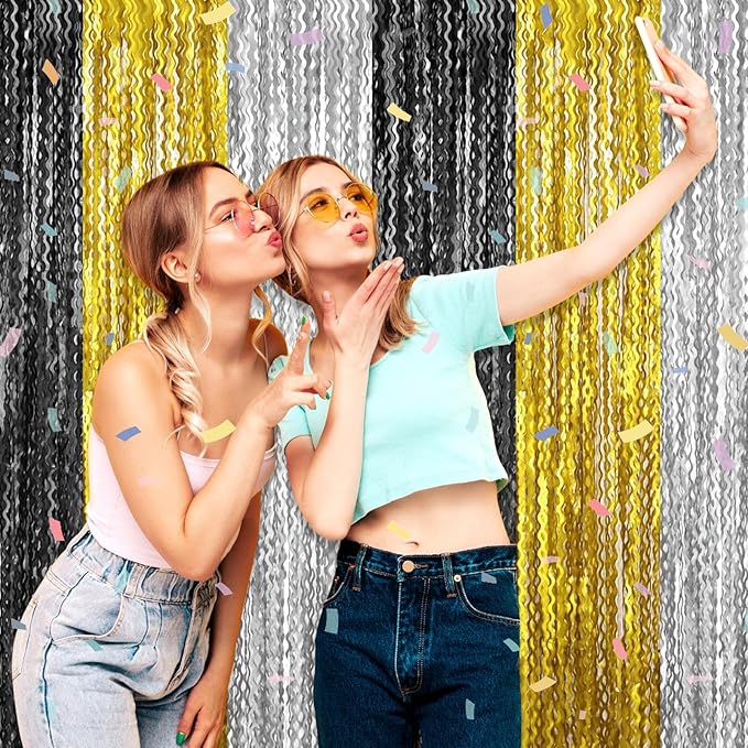 4 Pack Black Gold Silver Wave Foil Fringe Curtain Backdrop, 3.28Ft x 8.2Ft Metallic Tinsel Foil Fringe Streamer Curtains for Photo Booth, Mother's Day, Easter, Birthday, Wedding Party Decoration